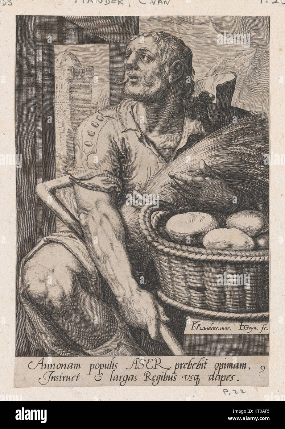 "Asher" è una rappresentazione di "i dodici figli di Giacobbe", una serie biblica di opere d'arte. È un esempio di arte religiosa e presenta Asher, uno dei figli di Jacobâ, nel contesto della storia biblica. Questa opera fa parte di una collezione del Metropolitan Museum of Art, noto per il suo significato religioso e storico. Foto Stock