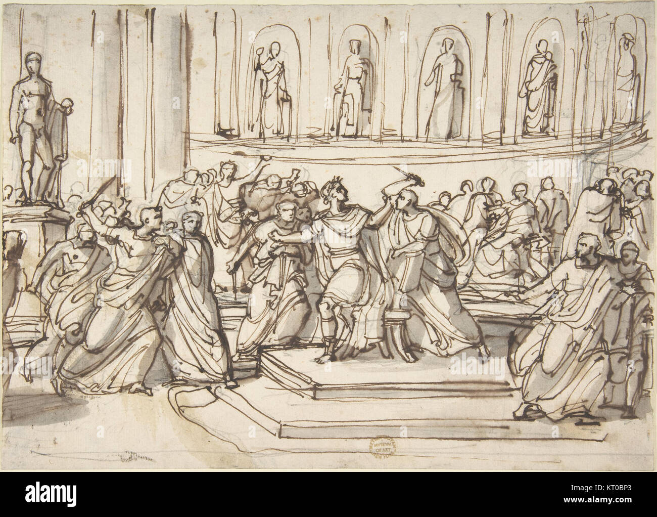 L'assassinio di Giulio Cesare, uno degli eventi più importanti della storia romana, è raffigurato in questa opera d'arte, che mostra il drammatico momento del tradimento. La morte di Cesare segnò la caduta della Repubblica Romana e l'ascesa dell'Impero Romano. Foto Stock