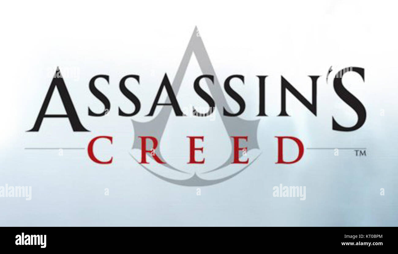Il logo del franchise di videogiochi Assassin's Creed, noto per la narrativa storica e l'azione di gioco-avventura, rappresenta i temi fondamentali della furtività, dell'azione e dell'immersione storica. Foto Stock