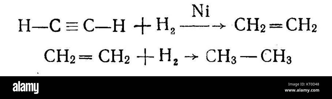 L'idrogenazione dell'azetilene, nota anche come idrogenazione dell'acetilene, è un processo chimico utilizzato per aggiungere idrogeno all'acetilene, determinando la formazione di etilene. Questa reazione svolge un ruolo fondamentale nella produzione di vari prodotti chimici industriali, in particolare nell'industria petrolchimica, ed è essenziale per la sintesi di alcuni tipi di materie plastiche e di altri composti chimici. Foto Stock