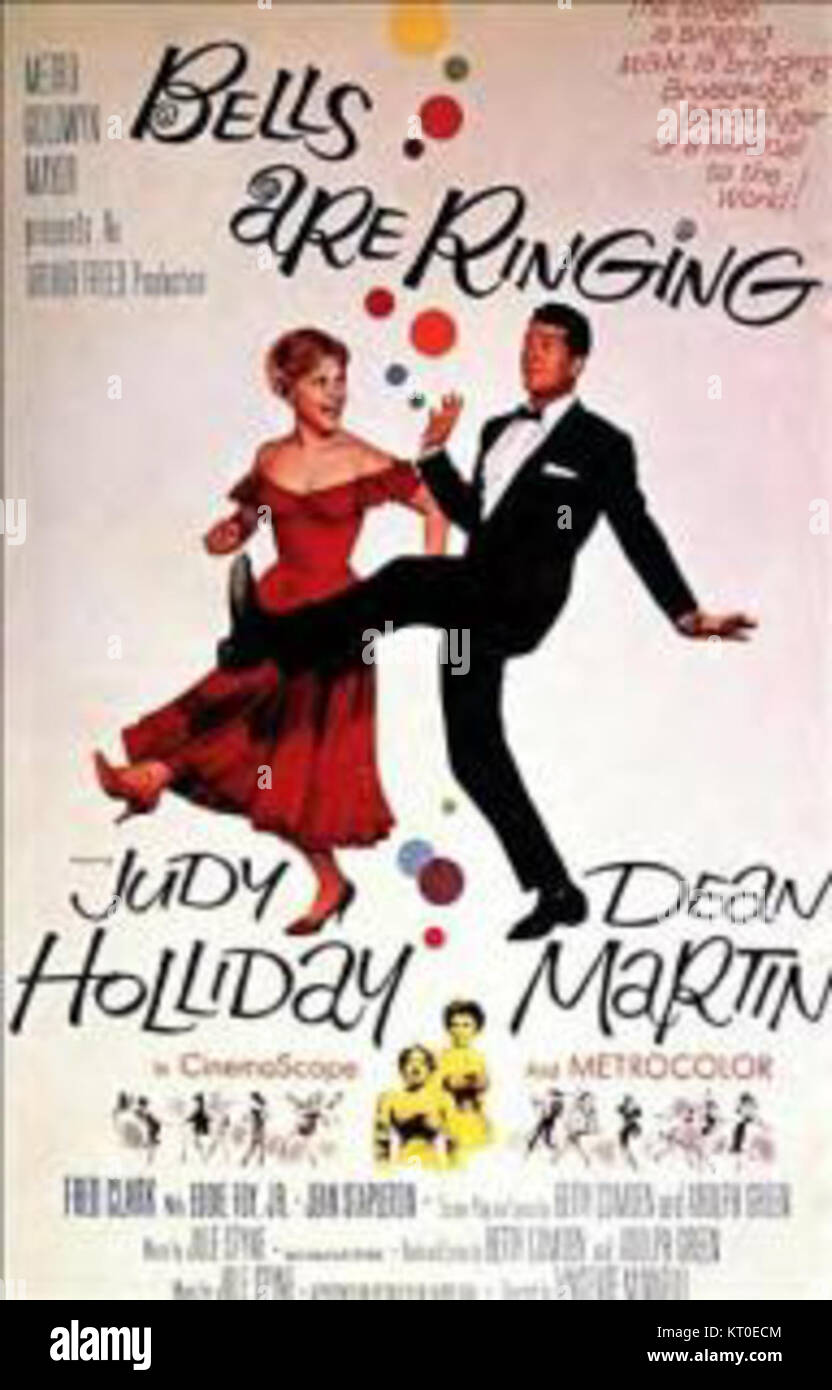 Il poster 'Bells Are Ringing' è un pezzo promozionale per il musical di Broadway, che mostra il design vibrante e gli elementi artistici del marketing teatrale della metà del XX secolo. Foto Stock