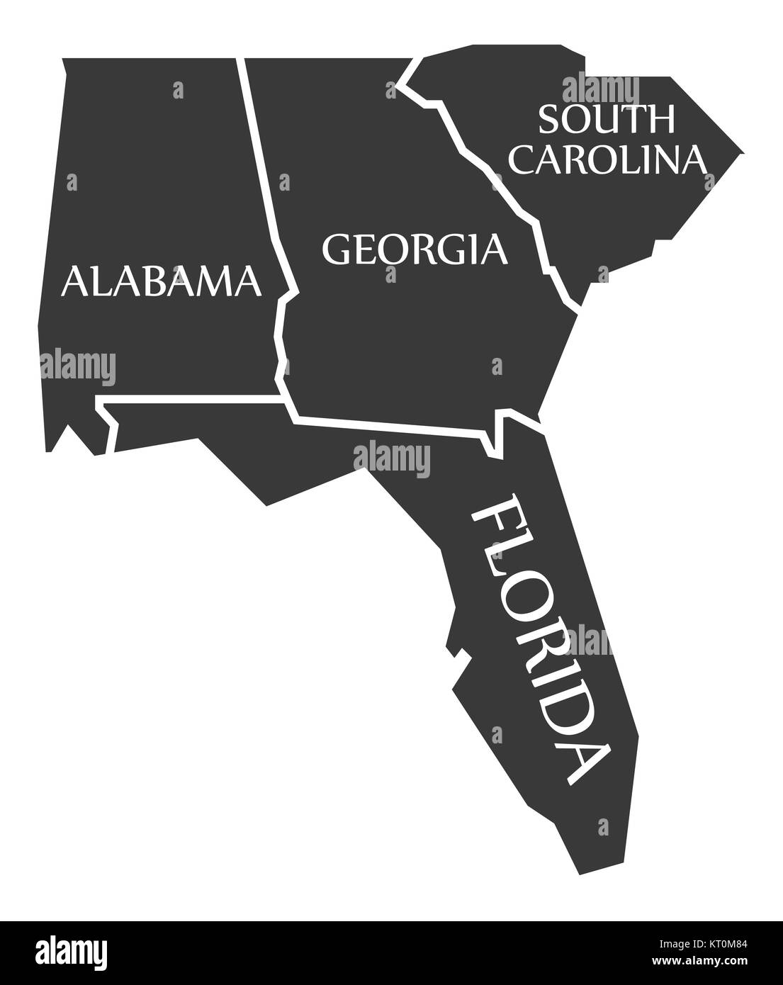 Alabama - Georgia - Carolina del Sud - Florida Mappa nero marcato Foto Stock