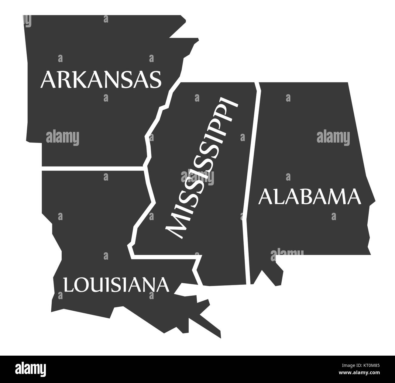 Arkansas - Louisiana - Mississippi - Alabama Mappa nero marcato Foto Stock