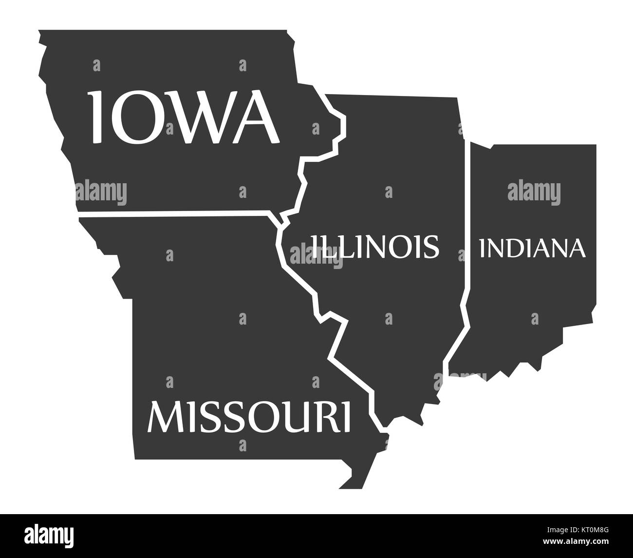 Iowa - Missouri - Illinois - Indiana Mappa nero marcato Foto Stock