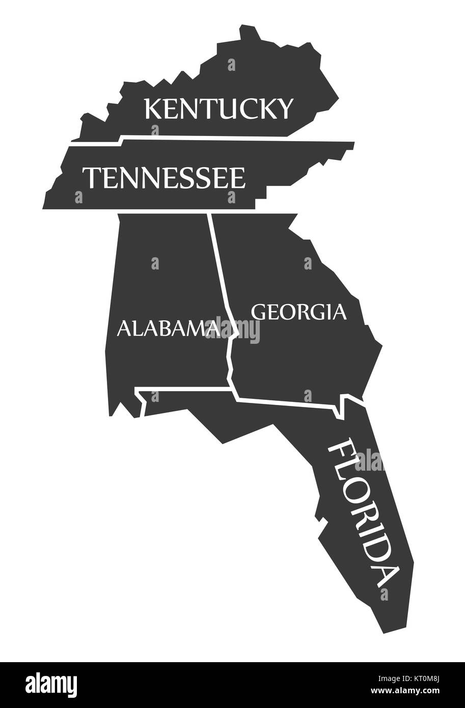 Kentucky - Tennessee - Alabama - Georgia - Florida Mappa nero marcato Foto Stock