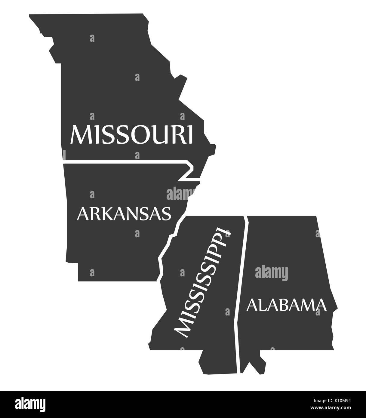 Missouri - Arkansas - Mississippi - Alabama Mappa nero marcato Foto Stock