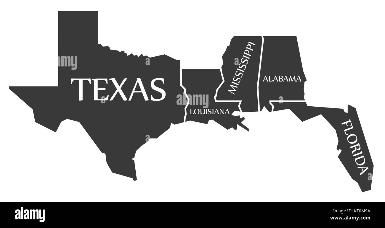 Texas - Louisiana - Mississippi - Alabama - Florida Mappa nero marcato Foto Stock
