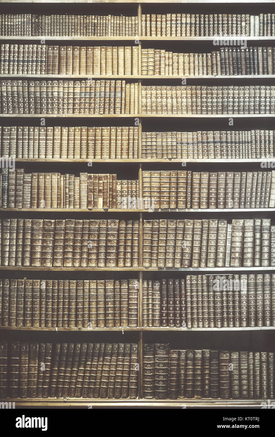 Retrò tonica vecchi libri su scaffalature di legno, il concetto di istruzione dello sfondo. Foto Stock