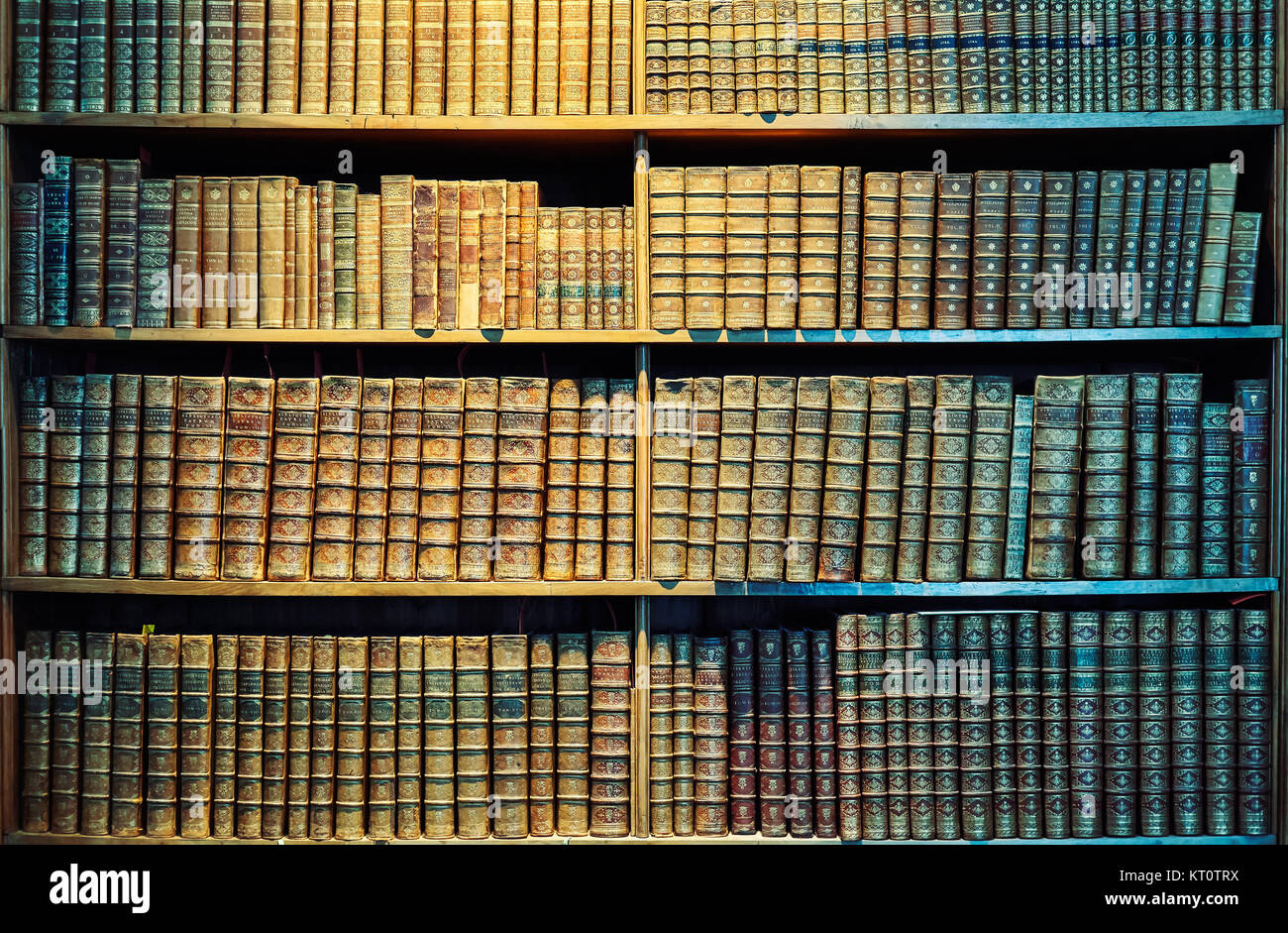 Vintage tonica vecchi libri su scaffalature di legno, il concetto di istruzione dello sfondo. Foto Stock