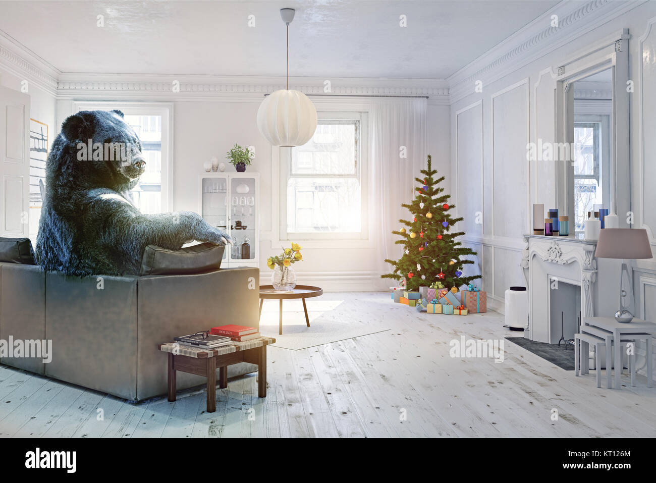 L'orso rilassante nella celebrazione di Natale camera decorata sul divano. Illustrazione creativa. Foto CG e combinazione di elementi. Il rumore e la consistenza Foto Stock