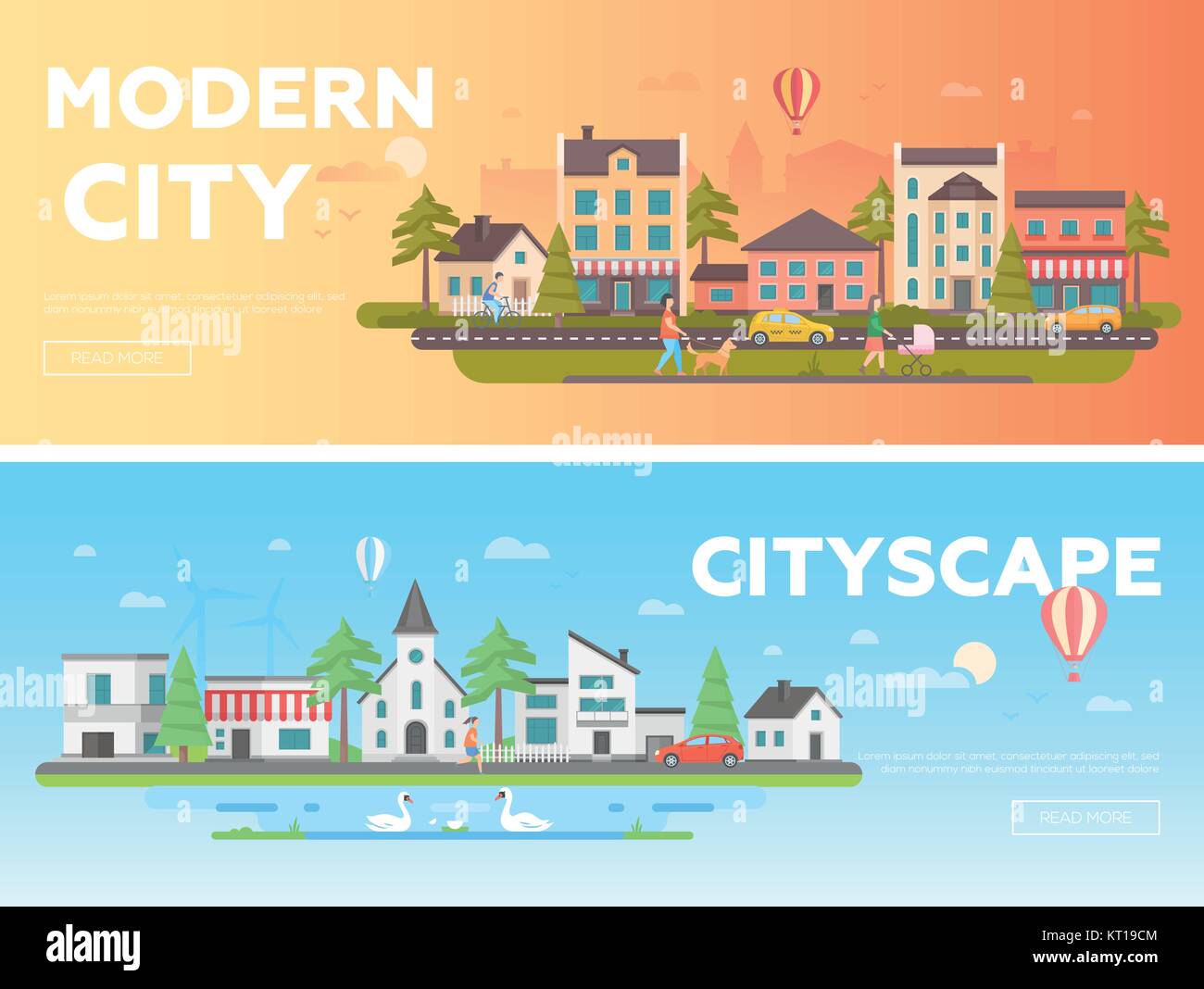 Paesaggio urbano - set di piatti moderni illustrazioni vettoriali Illustrazione Vettoriale