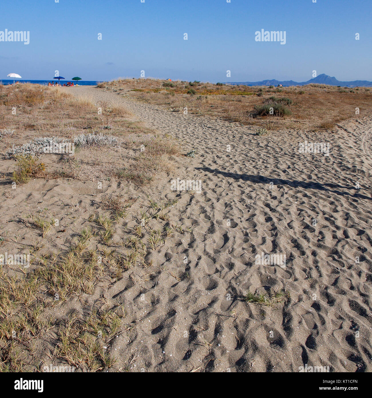 Footprint e auto via su una spiaggia di sabbia bianca, Muraverq district, Sardegna, Italia Foto Stock