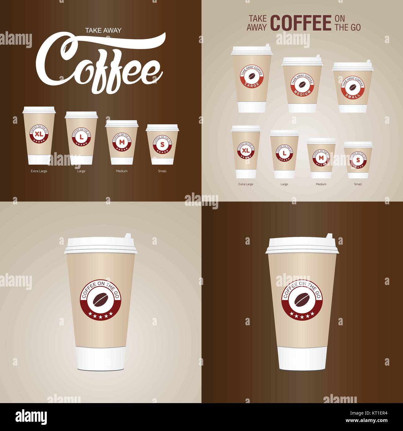 Caffè sul andare tazze. Diverse dimensioni di portar via la carta tazze da caffè illustrazione vettoriale. Illustrazione Vettoriale