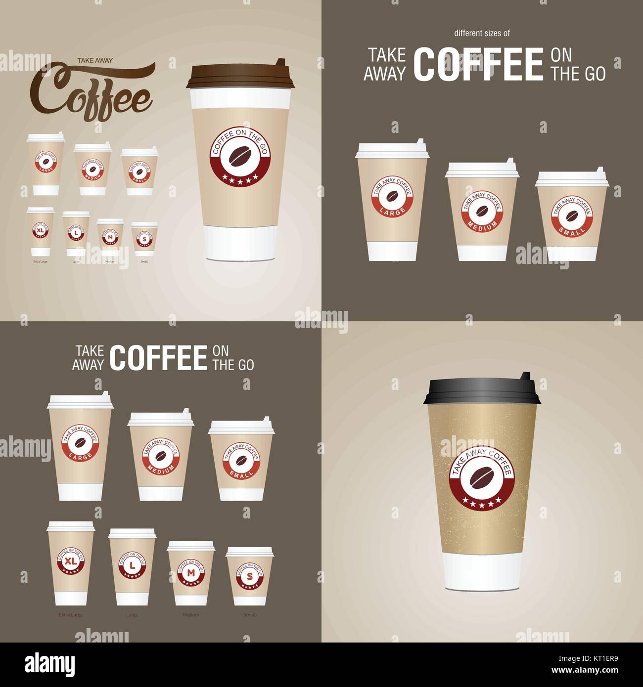 Caffè sul andare tazze. Diverse dimensioni di portar via la carta tazze da caffè illustrazione vettoriale. Illustrazione Vettoriale