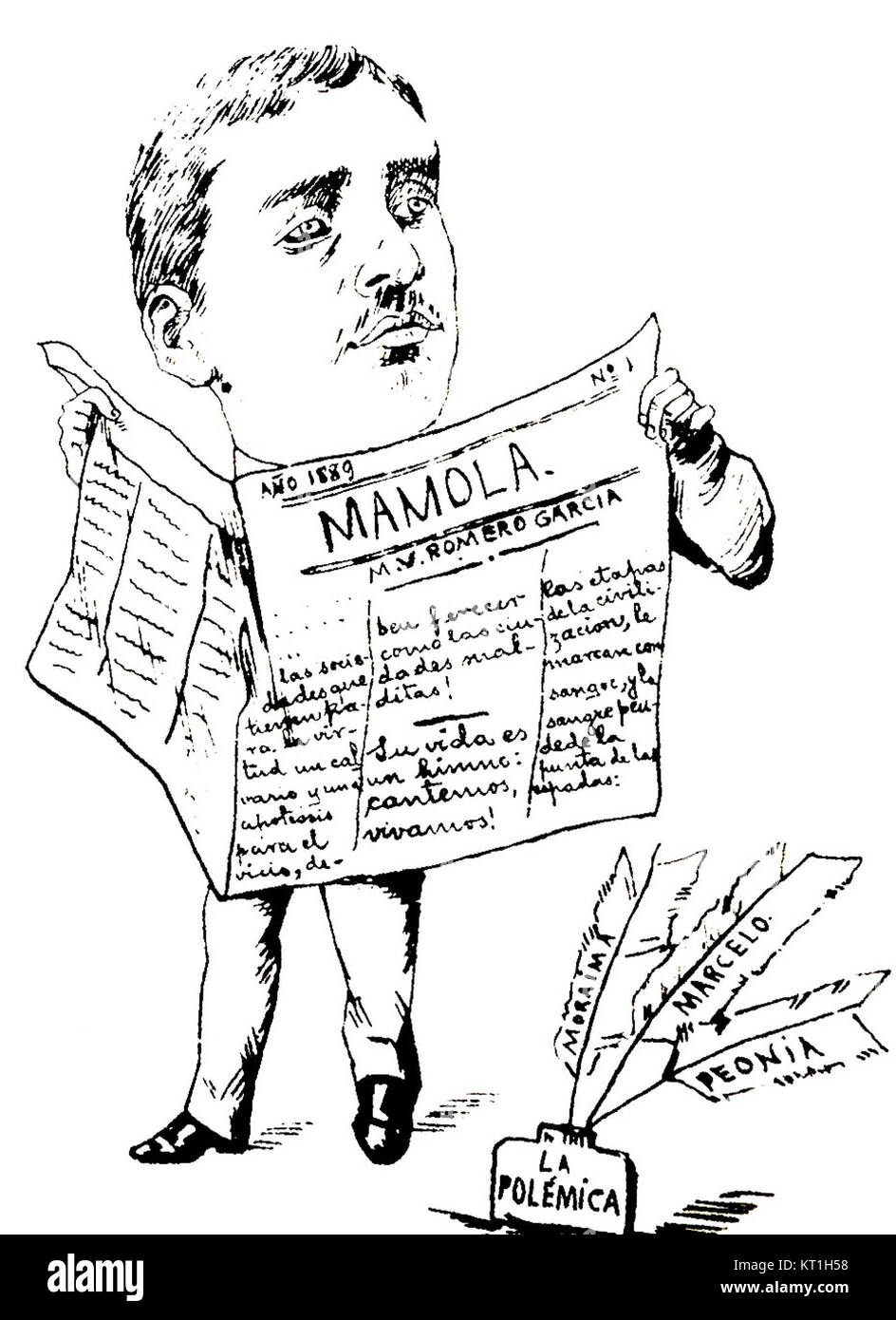 Questa caricatura raffigura Manuel Vicente Romero García, una figura di spicco. Le caricature sono rappresentazioni artistiche che esagerano le caratteristiche per scopi umoristici o satirici, riflettendo la personalità e la percezione pubblica del soggetto. Foto Stock