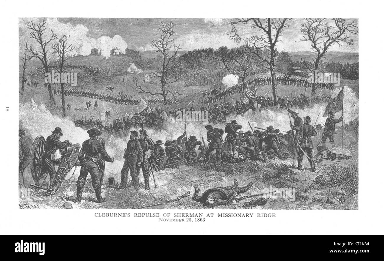 Un evento militare significativo in cui il generale confederato Patrick Cleburne respinse con successo le forze dell'Unione sotto il generale William Tecumseh Sherman a Missionary Ridge durante la guerra di secessione americana. Foto Stock