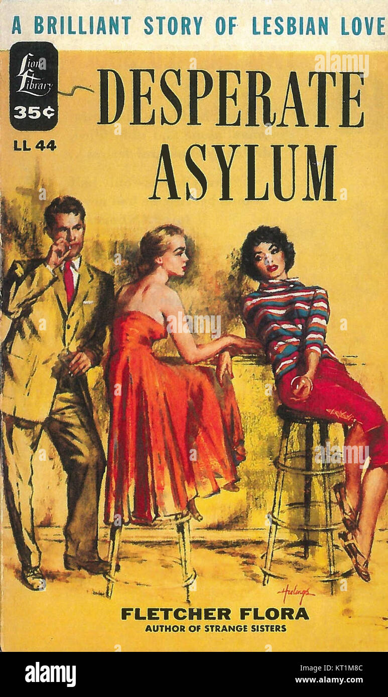 La copertina di Desperate Asylum di Fletcher Flora presenta illustrazioni di Clark Hulings. Pubblicata nel 1955 dalla Lion Library, la copertina cattura la natura drammatica e sospettosa del romanzo poliziesco. Foto Stock