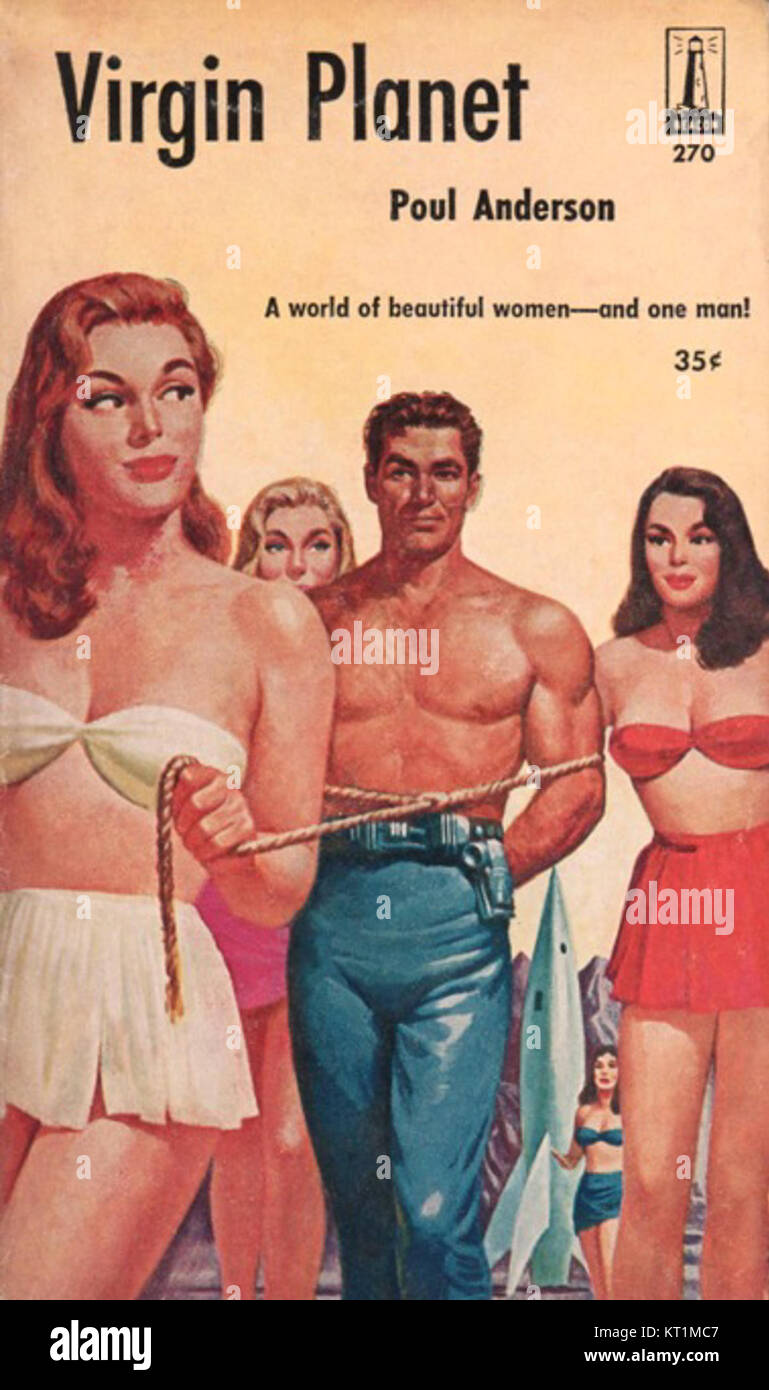 L'illustrazione di copertina del romanzo di fantascienza di Poul Anderson "Virgin Planet", creato dall'artista Robert Stanley. Il libro, pubblicato nel 1960, presenta una storia futuristica sull'esplorazione spaziale e la colonizzazione umana su pianeti lontani. Foto Stock