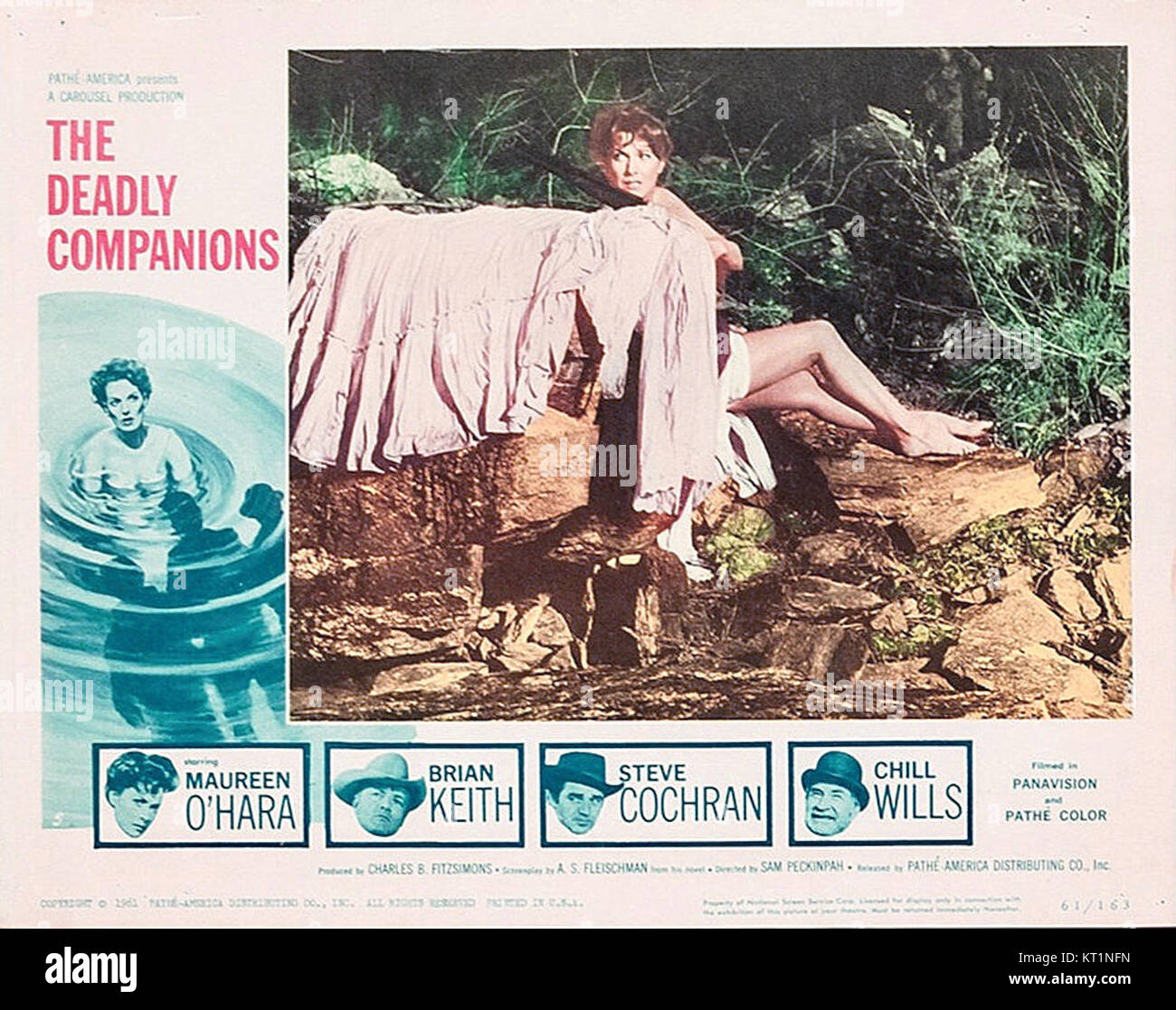 Una lobby card del film western del 1961 "Deadly Companions", con Maureen o'Hara e Brian Keith, che mostra i temi intensi e drammatici del film. Foto Stock