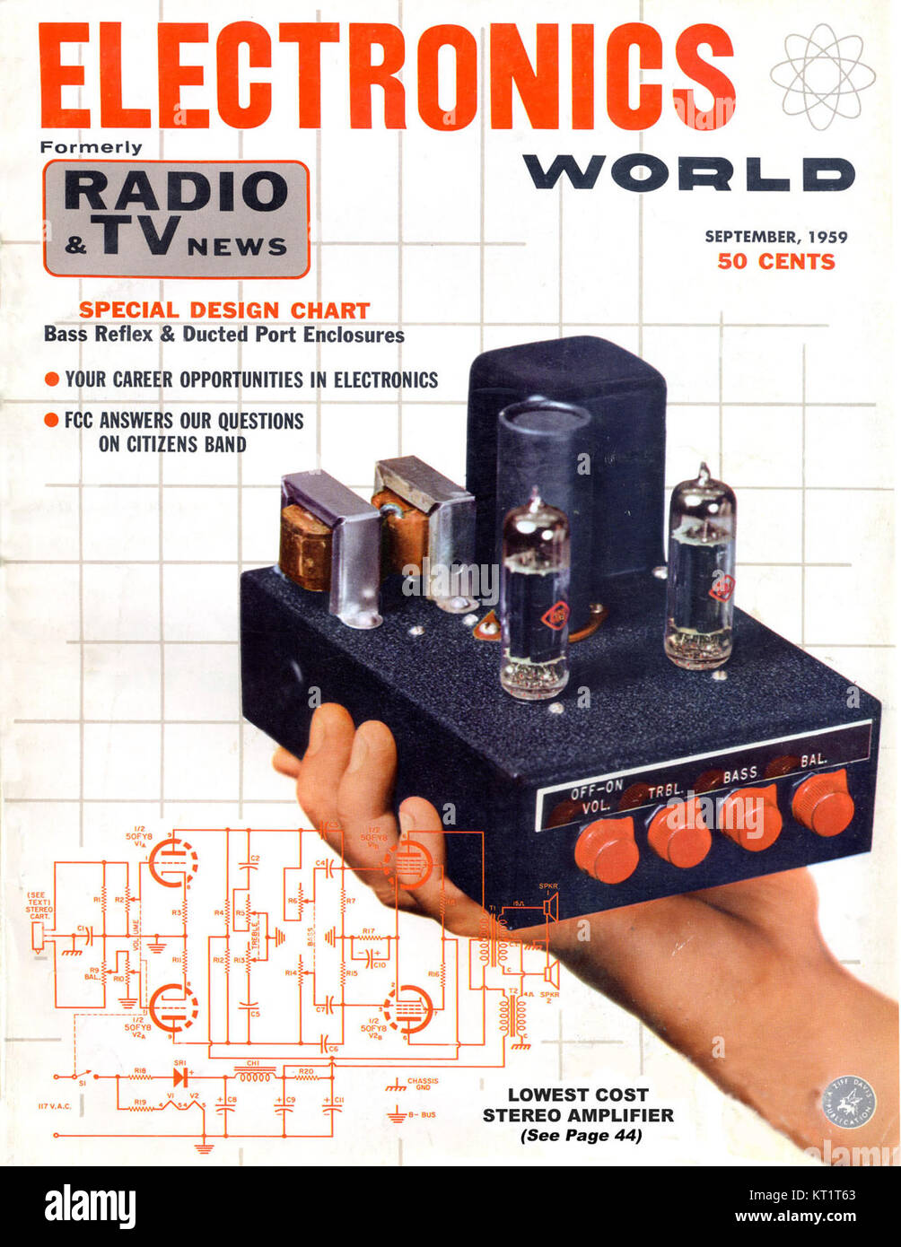 La rivista Electronics World del settembre 1959 mette in evidenza i progressi tecnologici nell'elettronica, coprendo le innovazioni e le tendenze nel campo durante la metà del XX secolo. Foto Stock