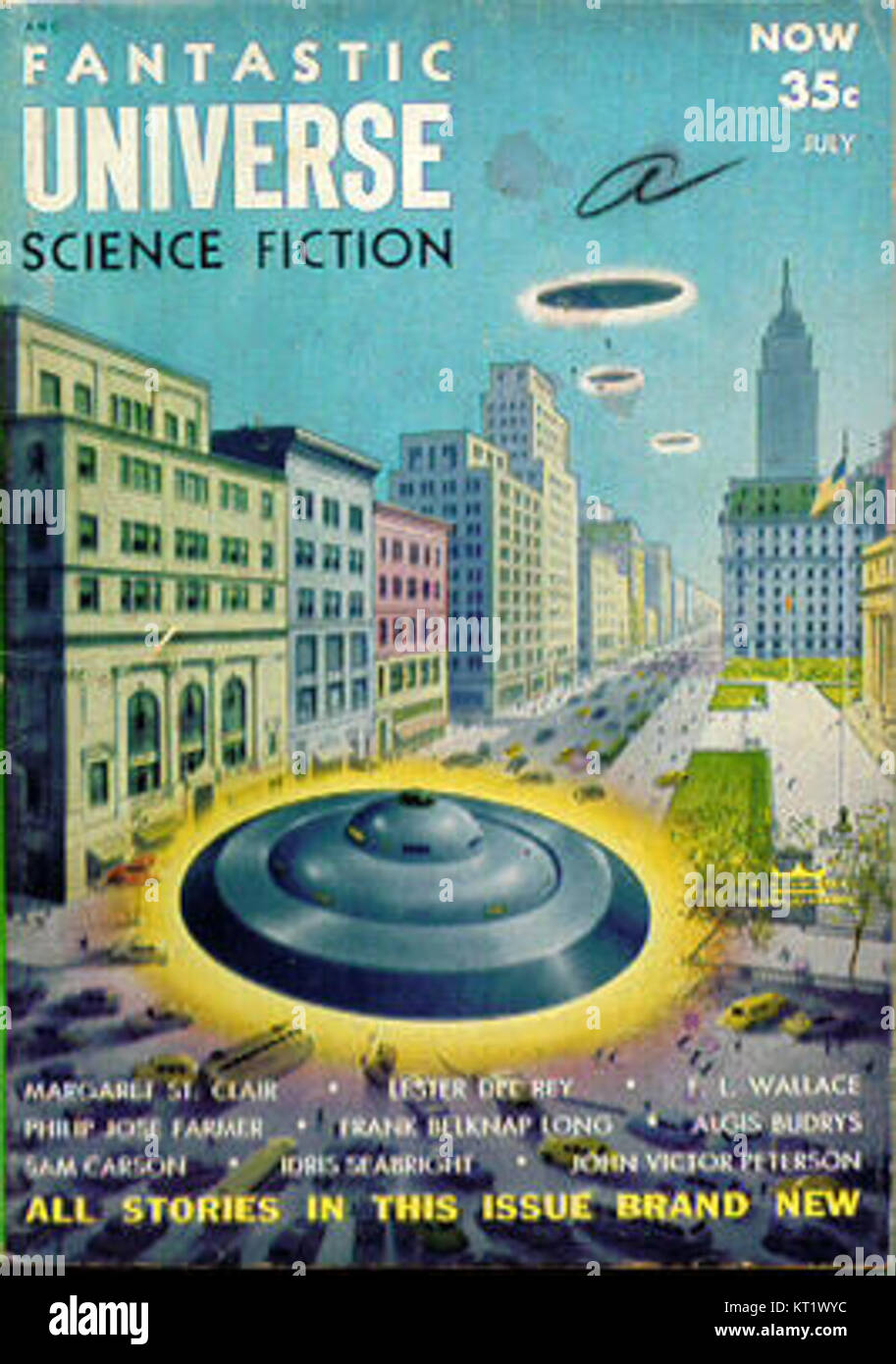 Una rappresentazione di un universo fantastico del 1954, probabilmente un'opera di fantascienza o fantasia, che illustra paesaggi fantasiosi, personaggi o temi cosmici di quell'epoca. Foto Stock