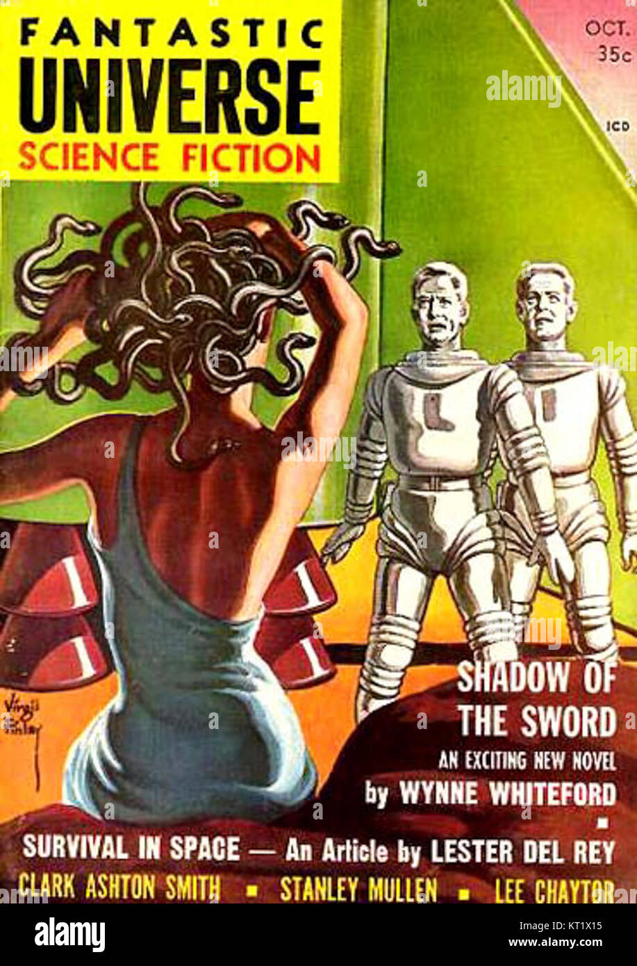 Un'illustrazione fantascientifica del 1958 raffigurante un universo futuristico e fantastico. Foto Stock