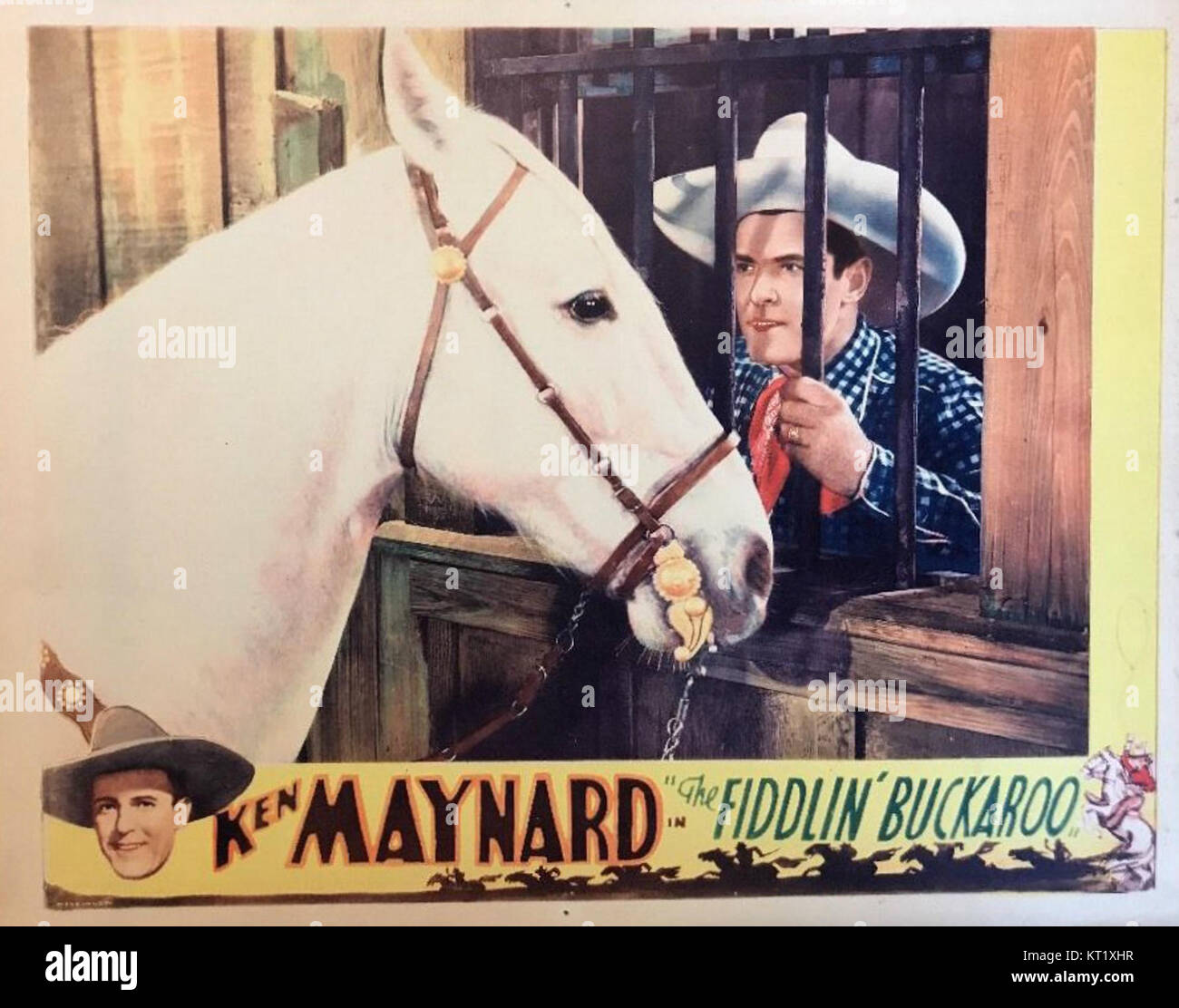 La carta della lobby per il film del 1937 'Fiddlin' Buckaroo' presenta un momento di questo film WESTERN, che mette in evidenza i suoi elementi comici e musicali. Foto Stock