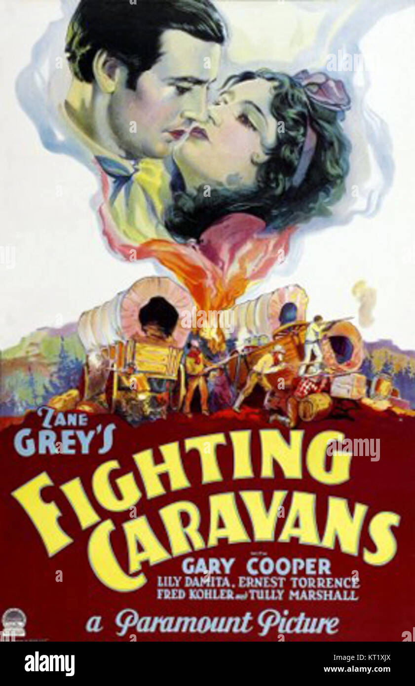 Il poster del 1931 per Fighting Caravans è un pezzo promozionale vintage per il film WESTERN americano, che mette in risalto i temi dell'avventura e della vita di frontiera del film. Foto Stock