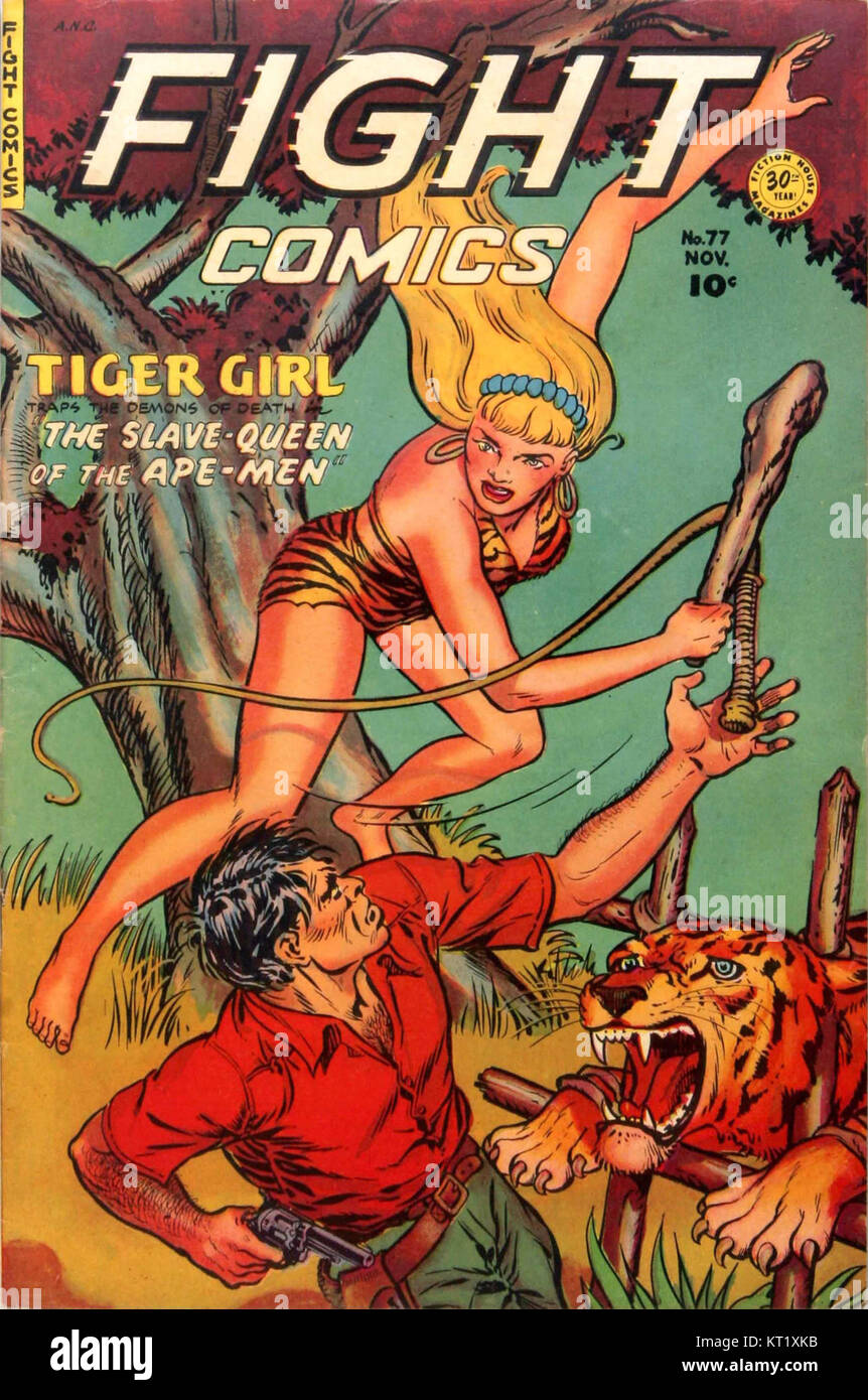 Fight Comics #77 è un fumetto vintage degli anni '1940, noto per le sue storie ricche di azione e le sue opere d'arte colorate. È una rappresentazione della cultura dei fumetti della metà del XX secolo e dell'intrattenimento popolare in quel periodo. Foto Stock