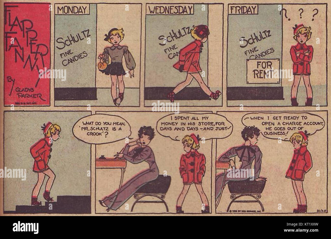 Flapper Fanny era un popolare personaggio dei cartoni animati della serie The Funnies, noto per incarnare lo stile flapper degli anni '1920 Simboleggiava i cambiamenti culturali dell'epoca, in particolare nella moda e nella vita sociale. Foto Stock