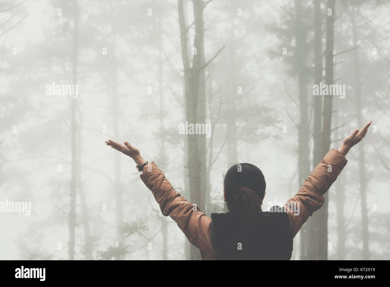 Donna di alzare la mano con la felicità con la nebbia e la nebbia nella foresta di alberi di pino. persone, viaggiare, concetto Natura Foto Stock