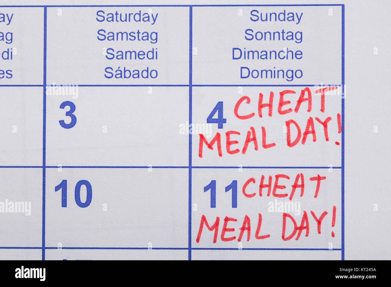 Cheat pasto giorno testo scritto sul calendario Foto Stock