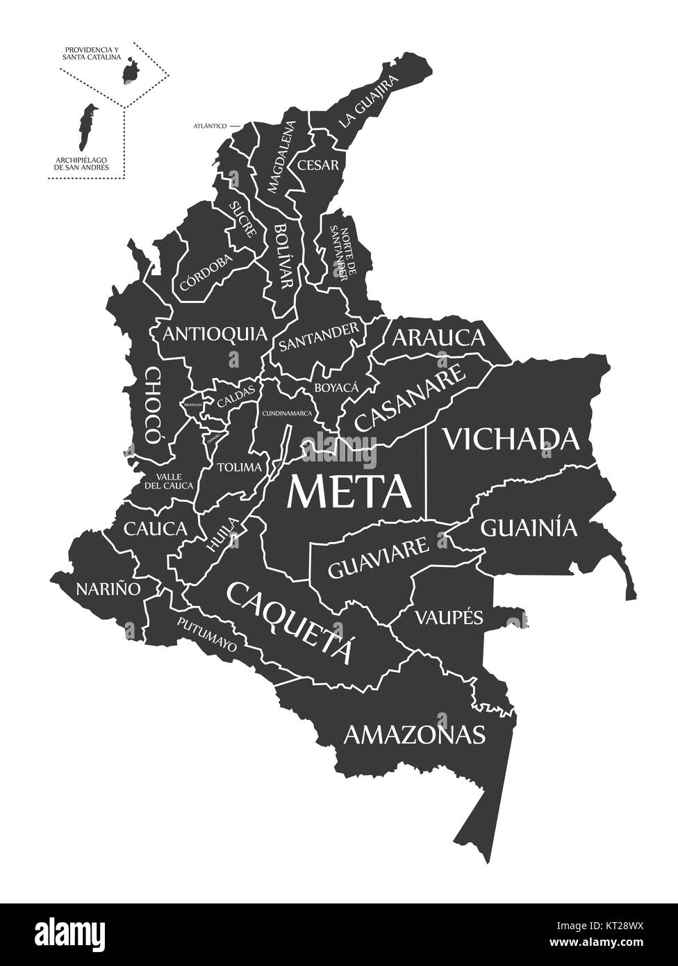 Mappa Colombia etichettati illustrazione nero Foto Stock