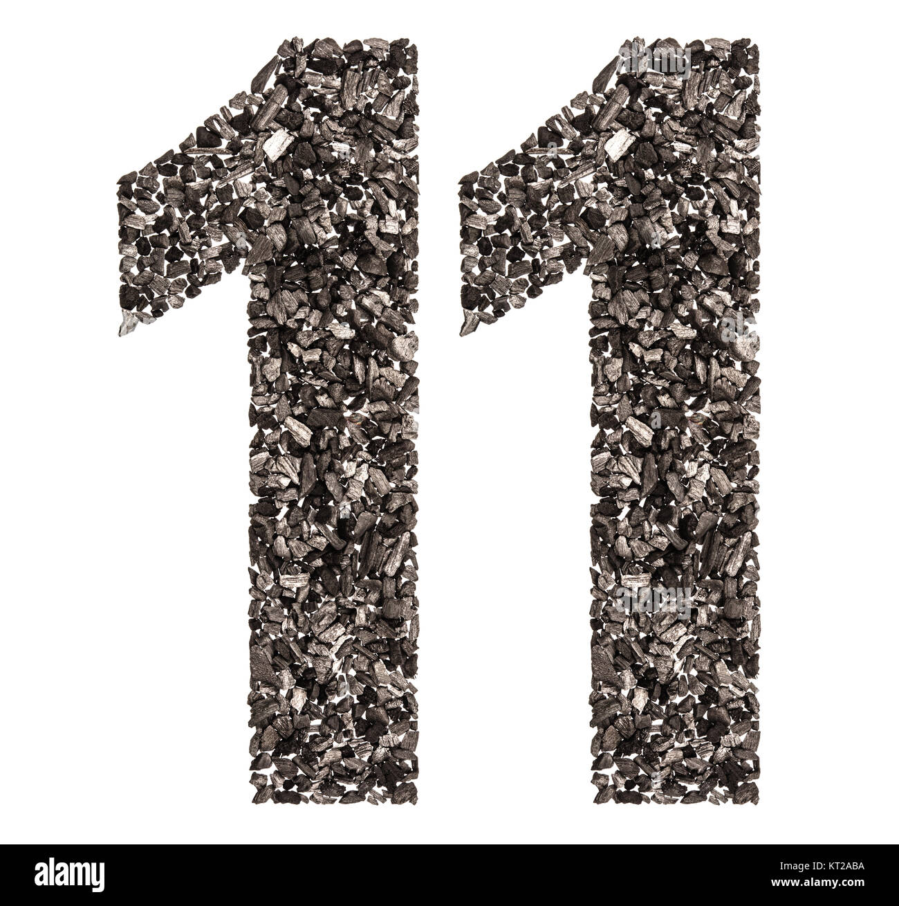 Numero arabo 11, undici, dal nero di un carbone naturale, isolato su sfondo bianco Foto Stock