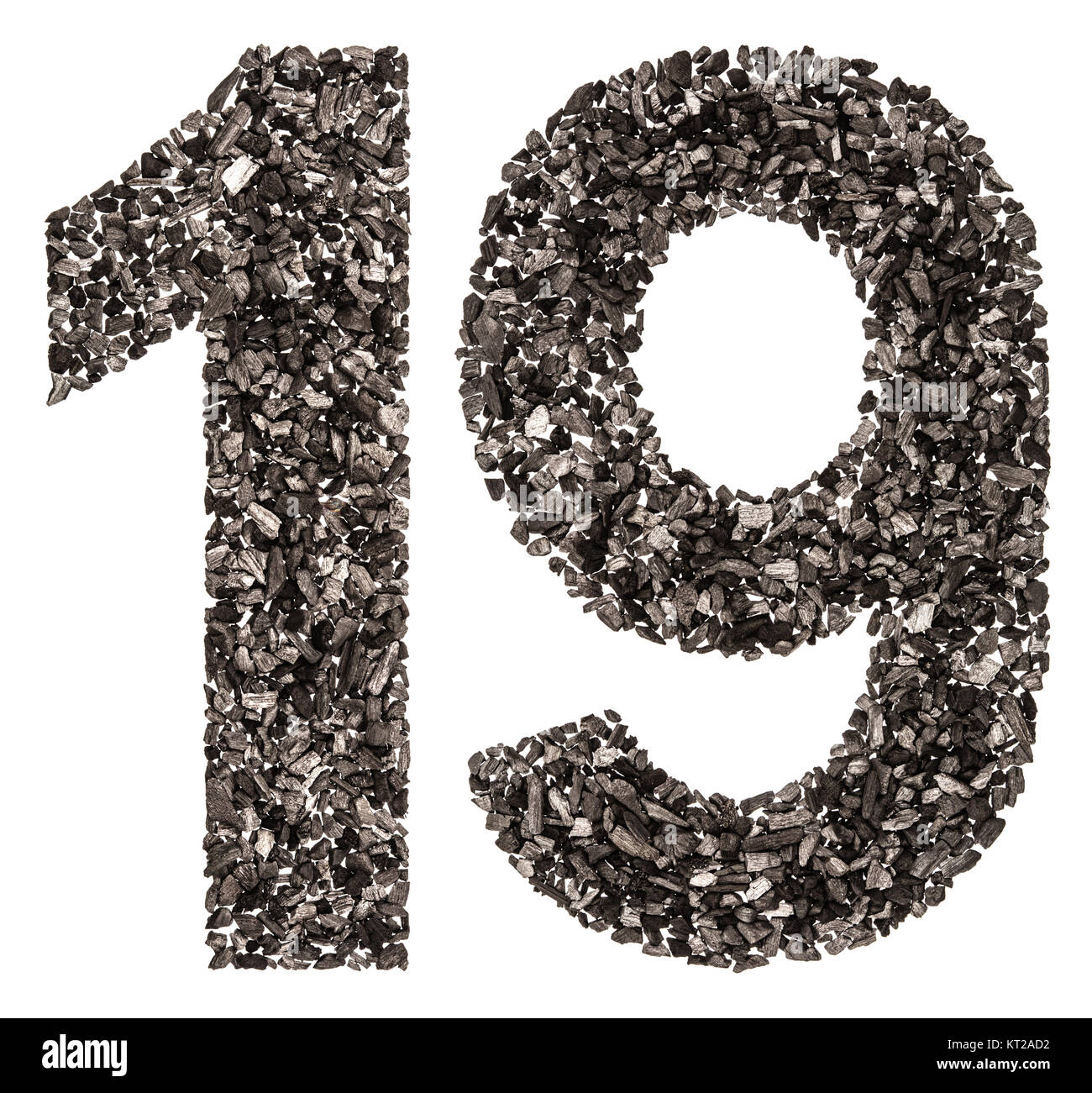 Numero arabo 19, diciannove, dal nero di un carbone naturale, isolato su sfondo bianco Foto Stock