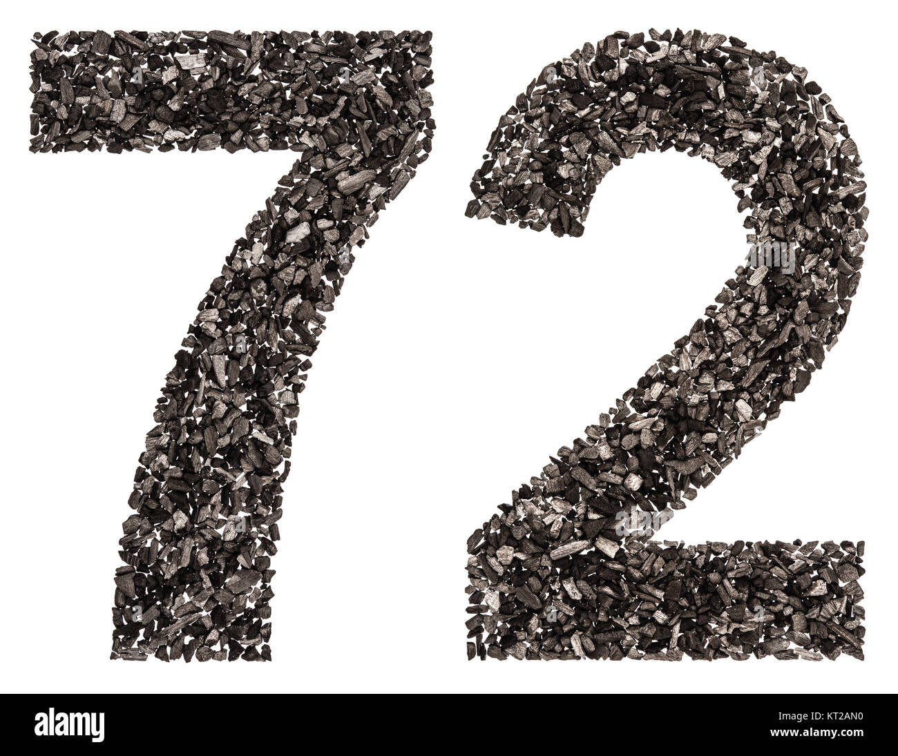 Numero arabo 72, settantadue, dal nero di un carbone naturale, isolato su sfondo bianco Foto Stock