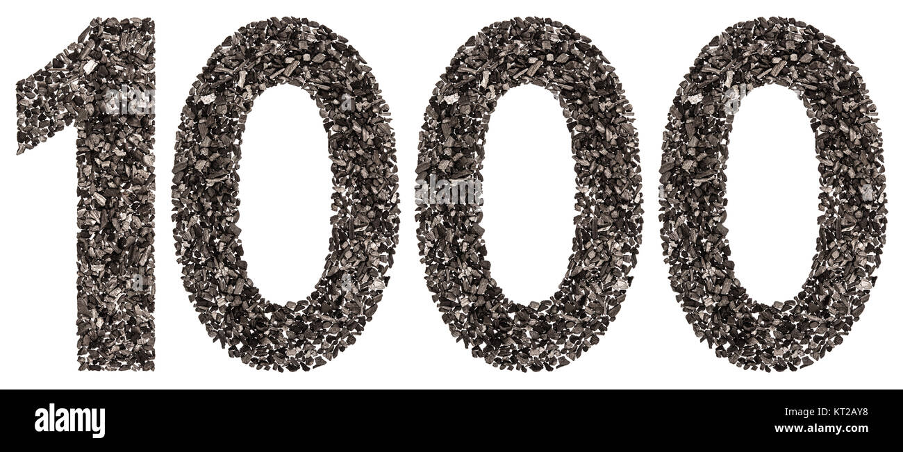 Numero arabo 1000, mille, dal nero di un carbone naturale, isolato su sfondo bianco Foto Stock