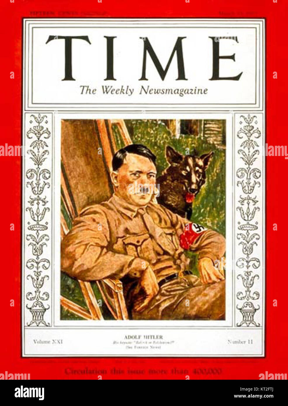 Il numero del 13 marzo 1933 di Time Magazine presentava Adolf Hitler sulla sua copertina, segnando un momento significativo nella storia mentre consolidava il potere nella Germania nazista. Foto Stock