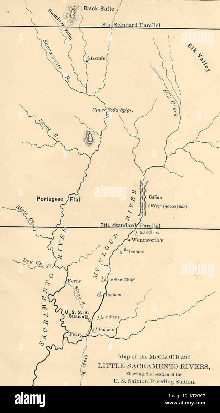 Questa mappa mostra i fiumi McCloud e Little Sacramento, mostrando le loro posizioni geografiche e le caratteristiche principali. Questi fiumi sono importanti fonti d'acqua nella California settentrionale, contribuendo all'ecosistema della regione e ai sistemi di gestione delle acque. Foto Stock