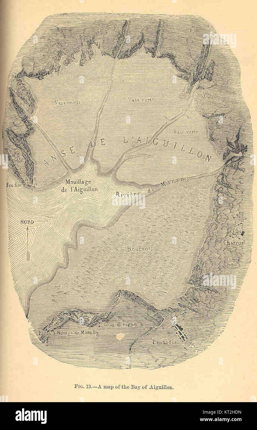 La mappa della baia di Aiguillon fornisce una rappresentazione dettagliata delle caratteristiche geografiche di questa regione costiera in Francia, illustrando il suo corso d'acqua e le forme del terreno circostanti. Foto Stock