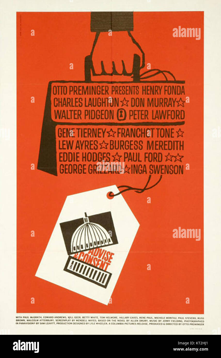 Advice & consent è un romanzo politico del 1959 di Allen Drury, che esplora le intricate operazioni del governo degli Stati Uniti e gli intrighi politici che circondano la nomina di un Segretario di Stato degli Stati Uniti. Il romanzo mette in evidenza questioni di potere, politica ed etica a Washington DC, e fu successivamente adattato in un film nel 1962. Foto Stock