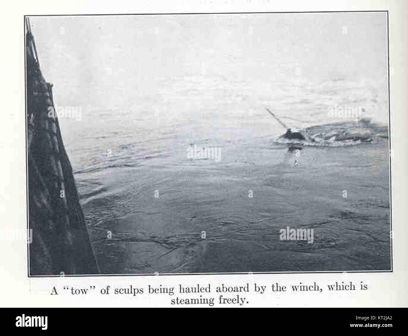Questa immagine raffigura un rimorchio di sculture (un tipo di piccola barca o imbarcazione) trainato a bordo di una nave utilizzando un verricello. La scena mostra le operazioni marittime e l'uso di macchinari a vapore per il trasporto di navi. Foto Stock