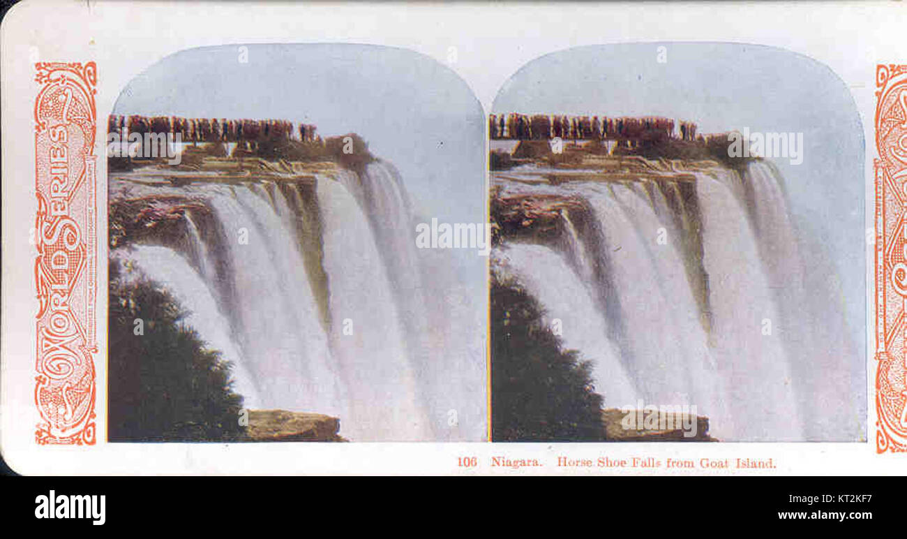 Questa fotografia cattura le iconiche Cascate del Niagara da Goat Island, mostrando le Horseshoe Falls, una delle più famose meraviglie naturali del Nord America. Le cascate sono una delle principali attrazioni turistiche e hanno un significato culturale sia per il Canada che per gli Stati Uniti Foto Stock