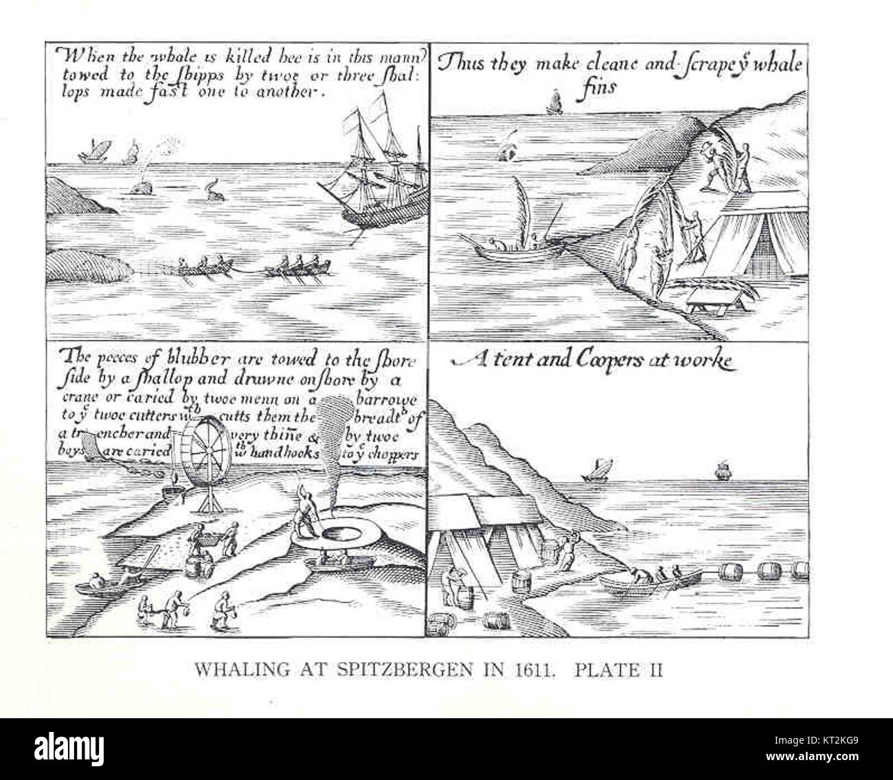 Questa illustrazione del 1611 raffigura una scena di caccia alle balene a Spitzbergen, un'isola nell'Artico. L'immagine mostra l'ambiente duro delle prime spedizioni balene artiche, evidenziando i metodi utilizzati per catturare le balene durante quell'epoca. Foto Stock