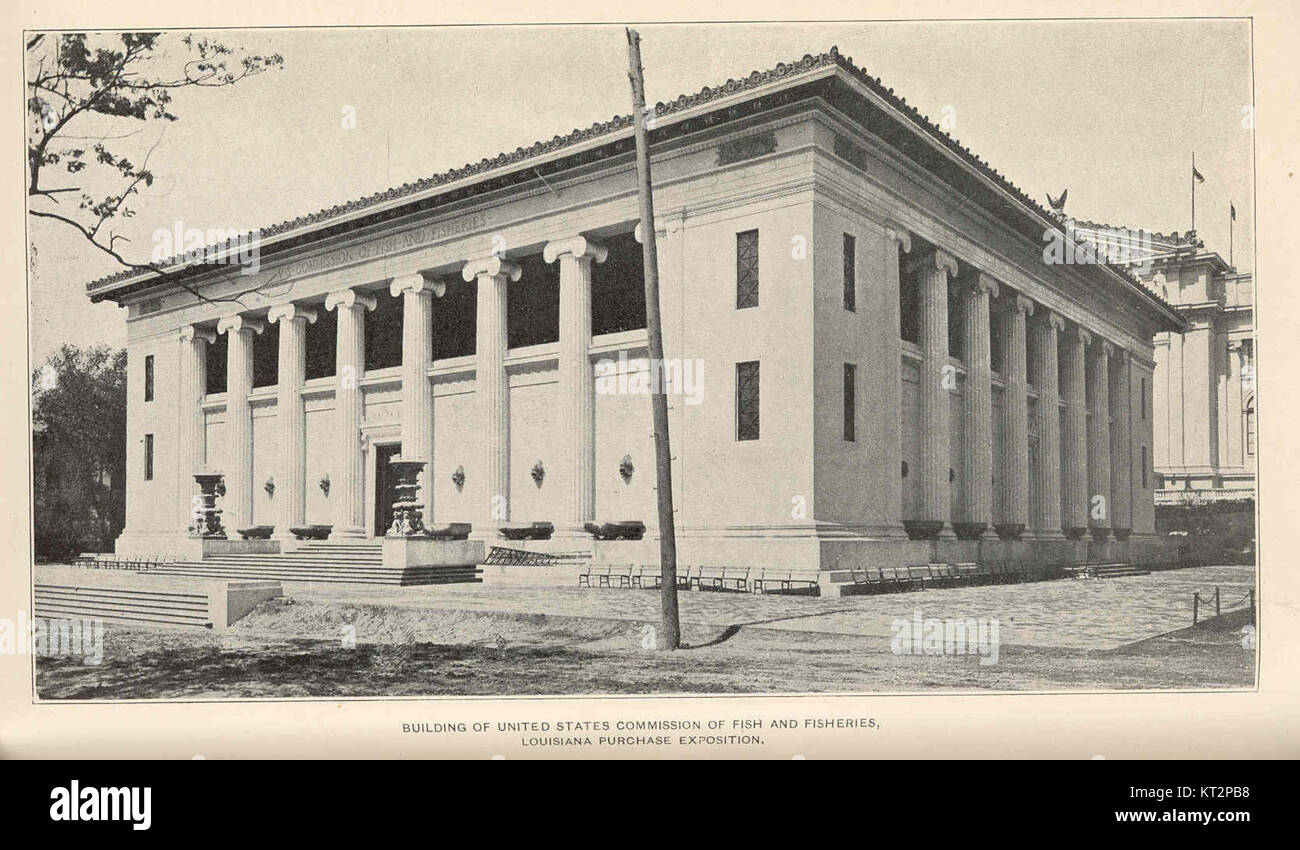 L'edificio della Commissione degli Stati Uniti per la pesca e la pesca alla Louisiana Purchase Exposition servì come sede per mostrare i progressi americani nella scienza e nella conservazione della pesca durante l'esposizione mondiale del 1904 a St. Louis. Foto Stock