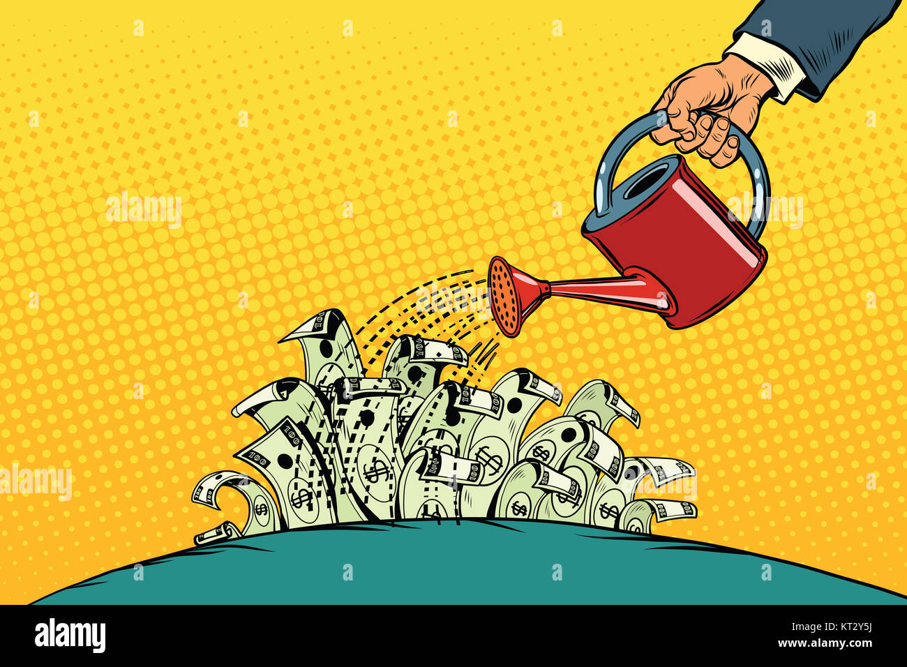 Imprenditore annaffiato denaro dollari da un annaffiatoio Foto Stock