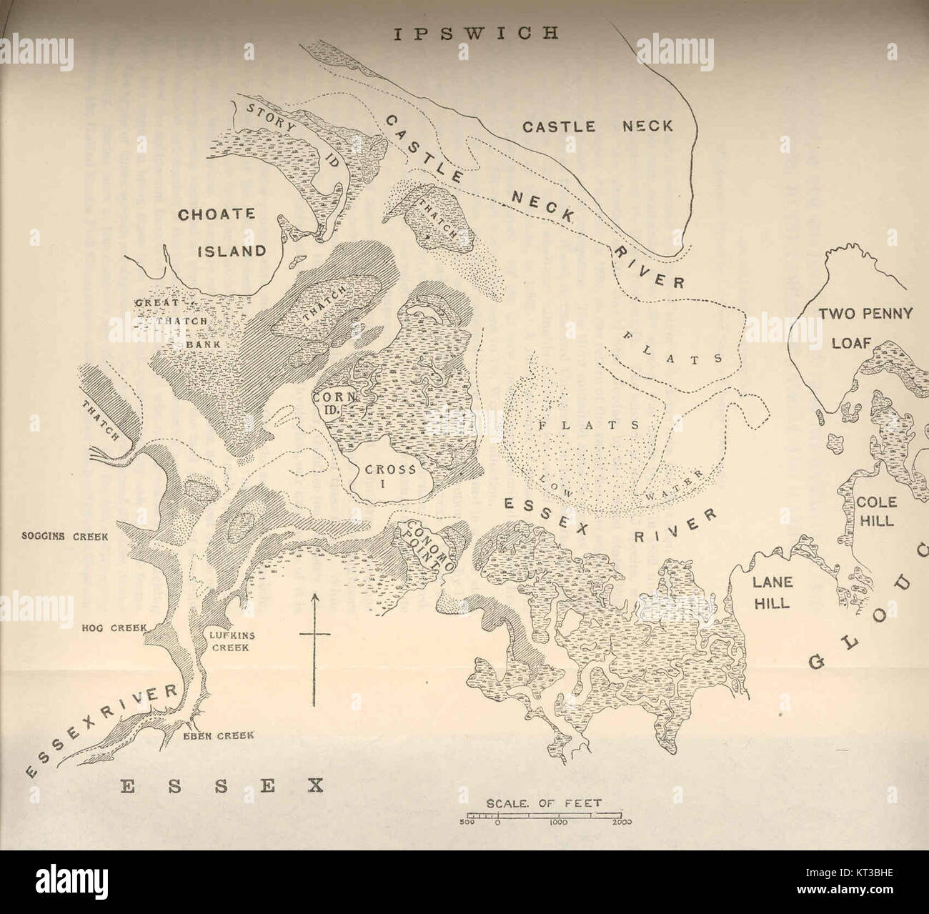 Questa mappa mostra le vongole alle foci dei fiumi Essex e Castle Neck nel Massachusetts, importante per la pesca locale della molluschicoltura e lo studio ambientale. Foto Stock