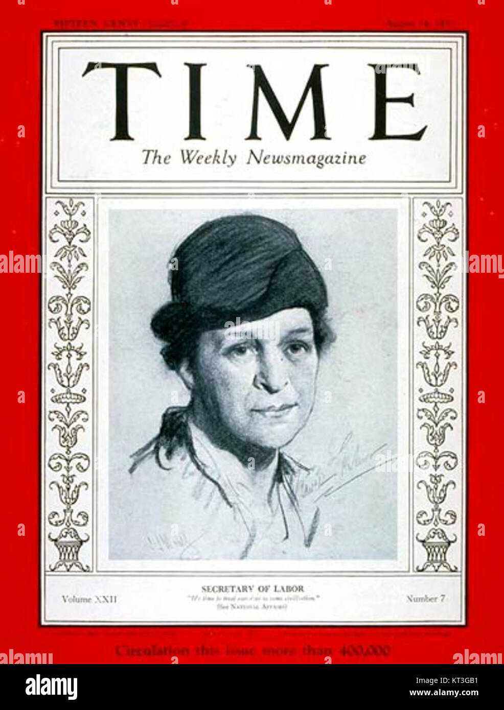 Frances Perkins, presente nell'edizione TIME FC 1933, è stata un influente politico e riformatore sociale americano. Ha servito come Segretario del lavoro degli Stati Uniti ed è stata la prima donna a ricoprire una posizione di gabinetto degli Stati Uniti. Foto Stock