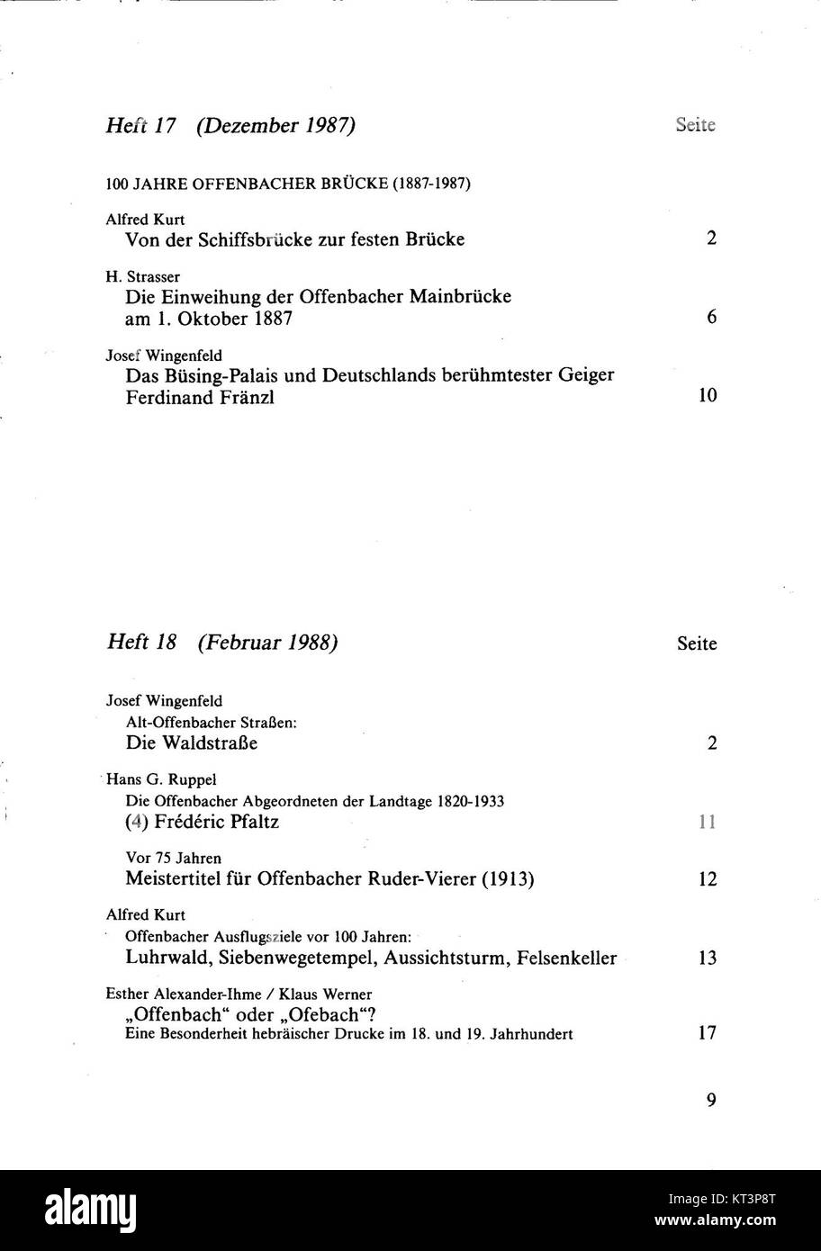 Un documento o una pubblicazione dal titolo "Alt OF NF Inhalt 20 09", che fa probabilmente riferimento a contenuti o articoli di un giornale o archivio specifico. Può rappresentare materiale storico, scientifico o culturale. Foto Stock
