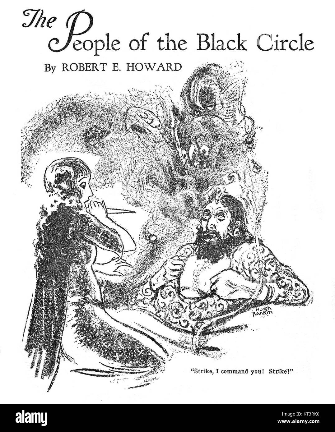 Le opere d'arte di Hugh Rankin per *The People of the Black Circle* raffigurano una scena drammatica della famosa serie Conan the Barbarian, illustrando personaggi e azione in uno stile dinamico. Foto Stock